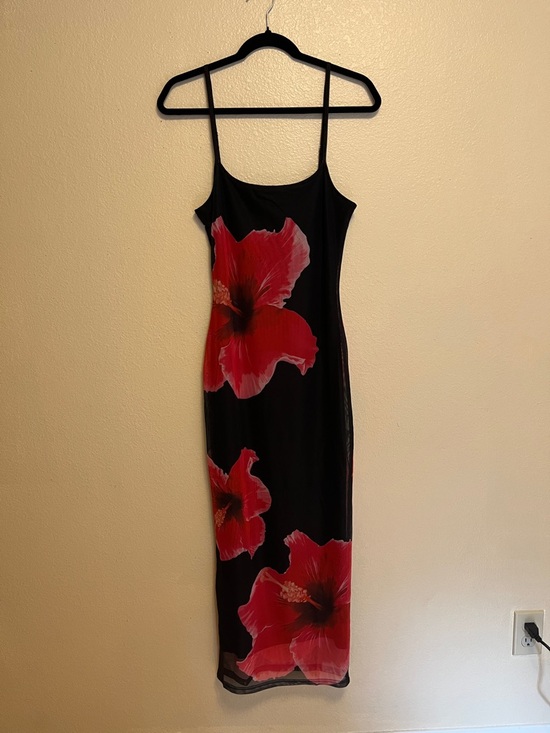 inmod Dresses & Skirts - Black Maxi Slip Dress with Bold Red Hibiscus Print